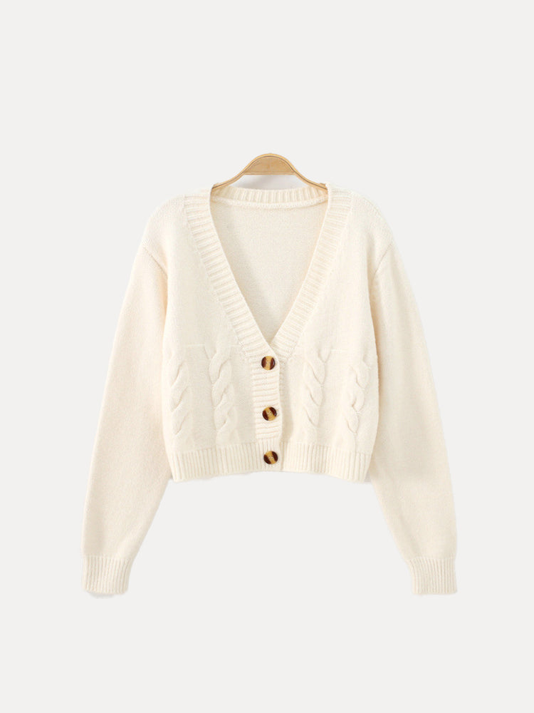 Women's Cropped Cable Knit Cardigan with Horn-Style Buttons – Casual – BN
