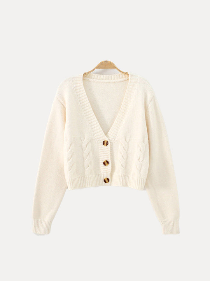 Women's Cropped Cable Knit Cardigan with Horn-Style Buttons – Casual – BN