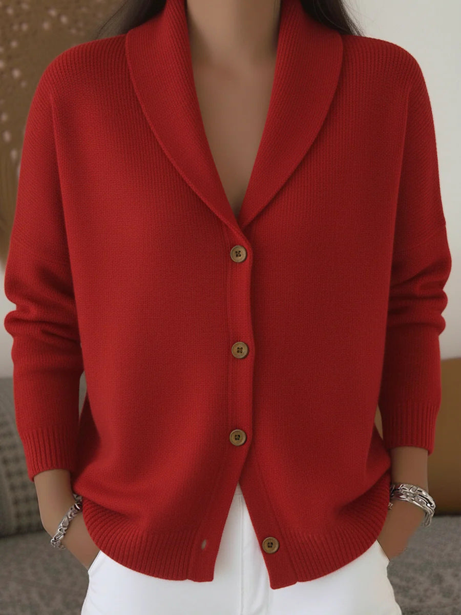 Women's Fine Knit Cardigan with Wide Pointed Collar and Button Closure – Casual Style – BN