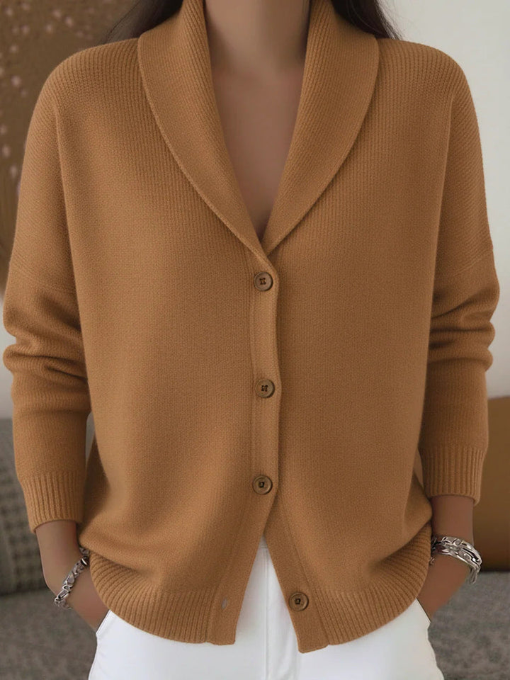 Women's Fine Knit Cardigan with Wide Pointed Collar and Button Closure – Casual Style – BN