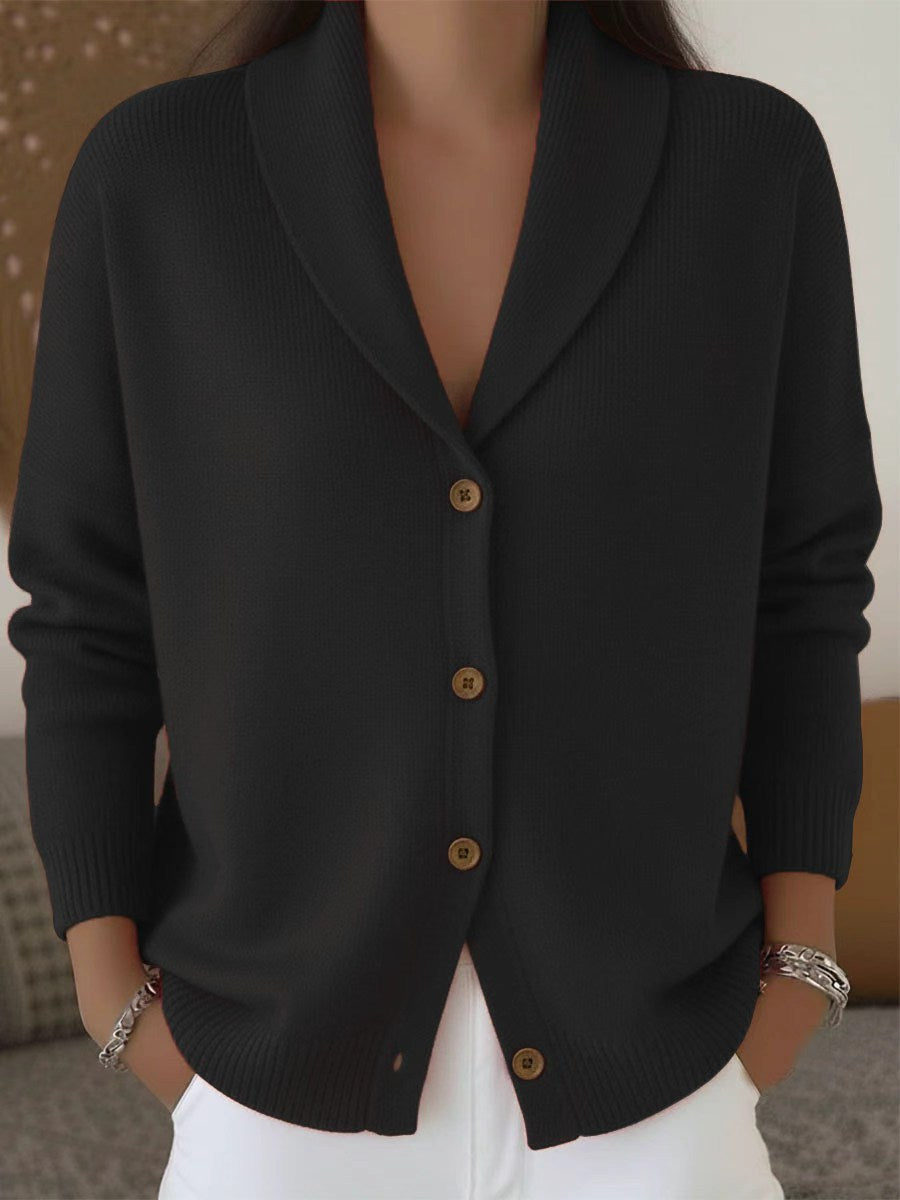 Women's Fine Knit Cardigan with Wide Pointed Collar and Button Closure – Casual Style – BN