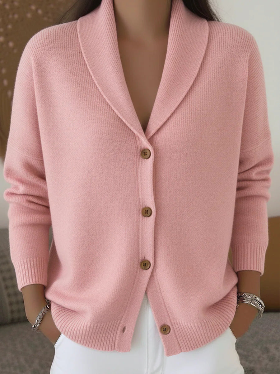 Women's Fine Knit Cardigan with Wide Pointed Collar and Button Closure – Casual Style – BN