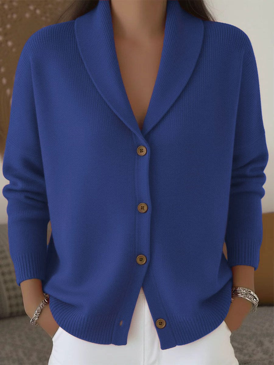 Women's Fine Knit Cardigan with Wide Pointed Collar and Button Closure – Casual Style – BN