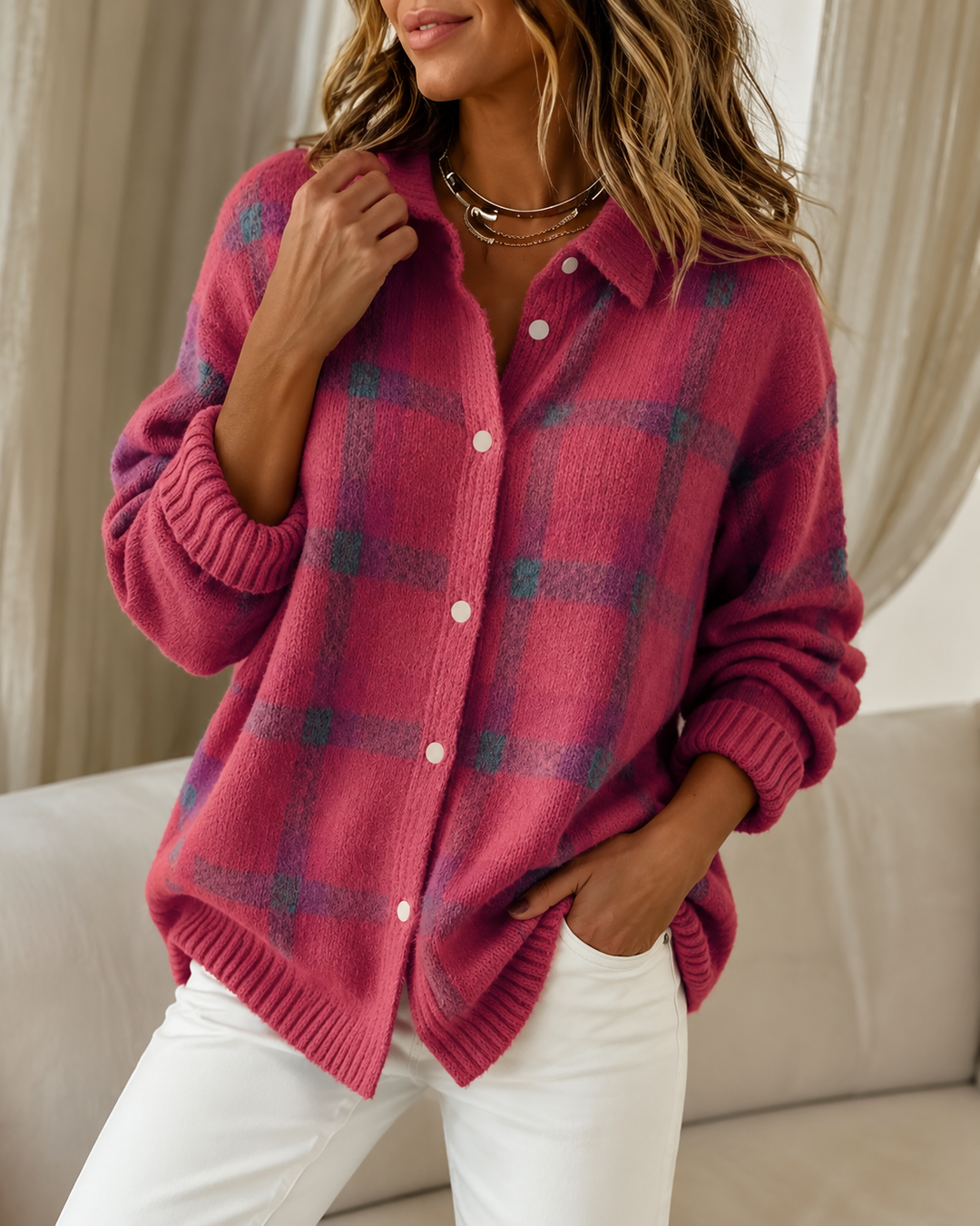 Casual Check Pattern Knitted Gilet for Women – BN