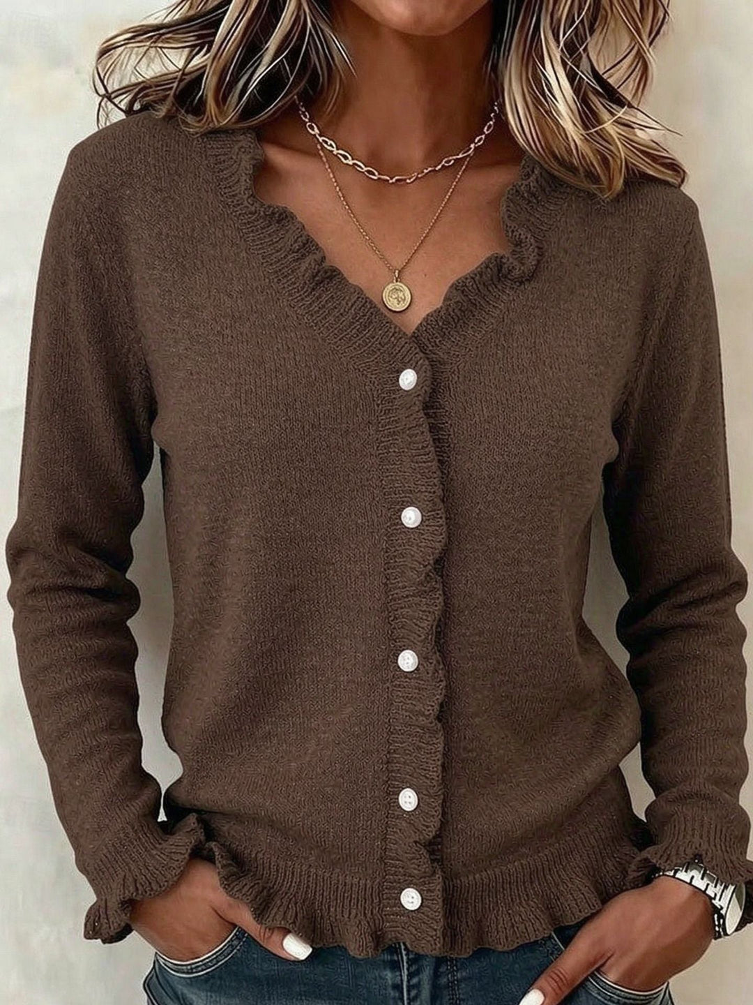 Women's V-Neck Knitted Cardigan with Ruffles – Casual Style – BN