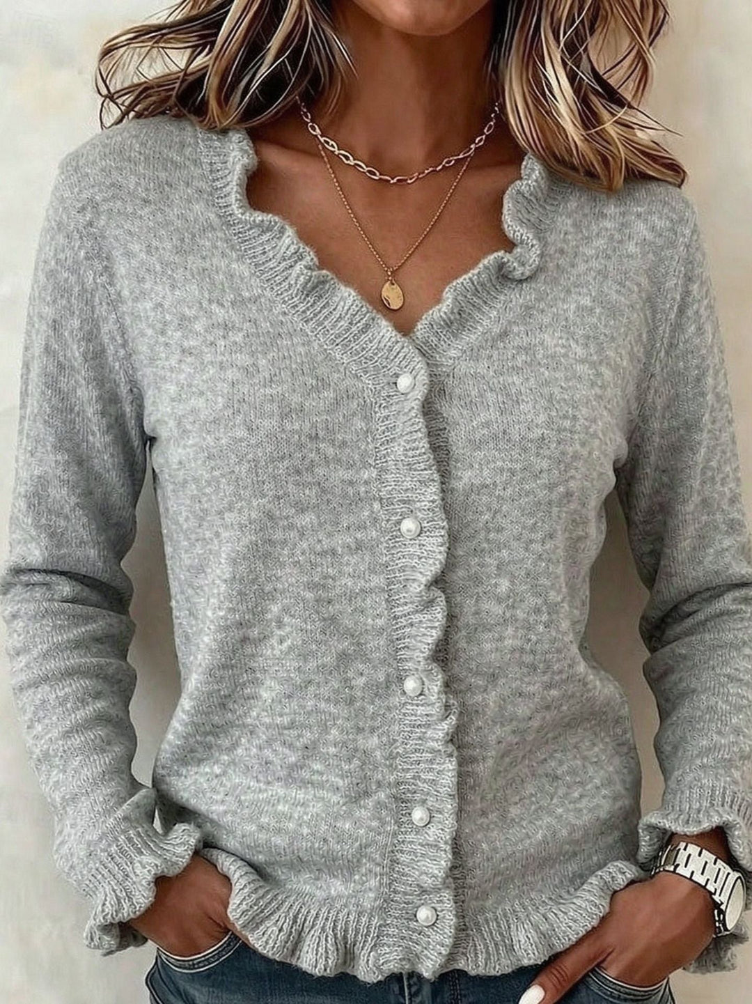 Women's V-Neck Knitted Cardigan with Ruffles – Casual Style – BN