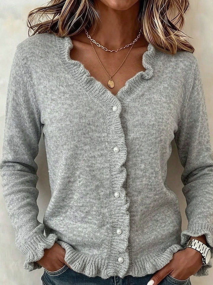 Women's V-Neck Knitted Cardigan with Ruffles – Casual Style – BN