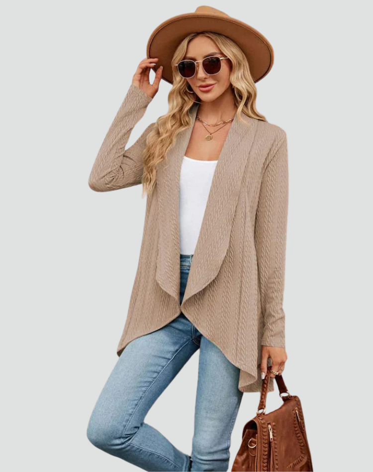 Women's Ribbed Knit Cardigan with Pleated Front – Casual Style – BN