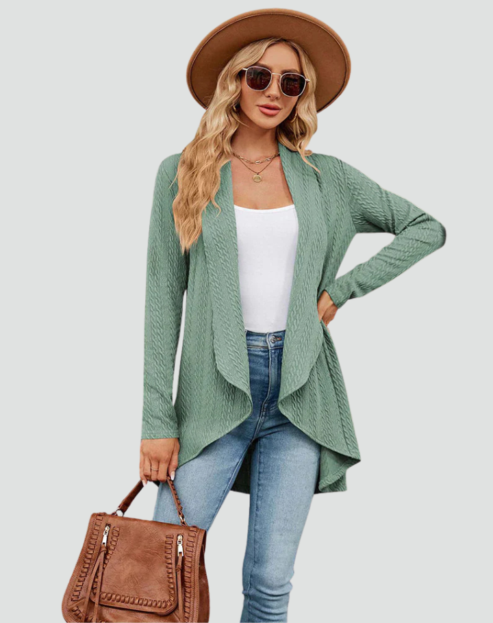 Women's Ribbed Knit Cardigan with Pleated Front – Casual Style – BN