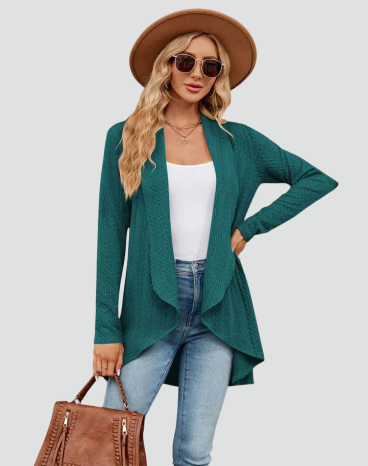 Women's Ribbed Knit Cardigan with Pleated Front – Casual Style – BN