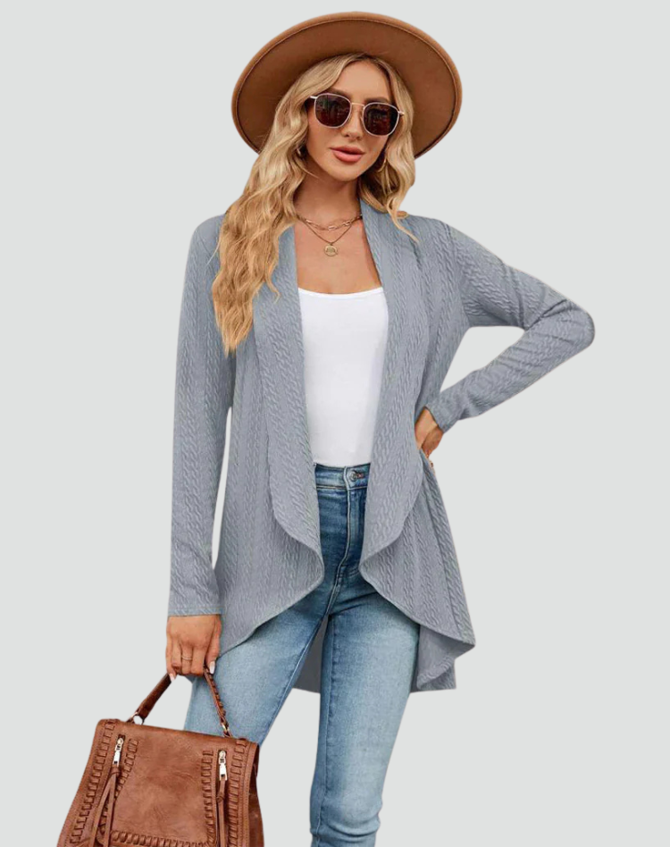 Women's Ribbed Knit Cardigan with Pleated Front – Casual Style – BN