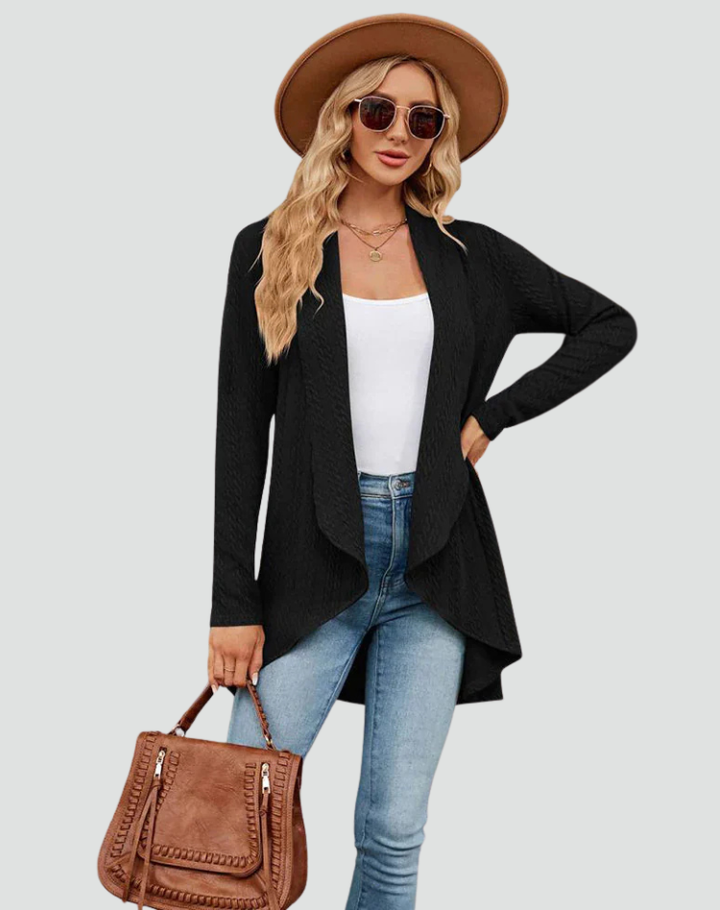 Women's Ribbed Knit Cardigan with Pleated Front – Casual Style – BN