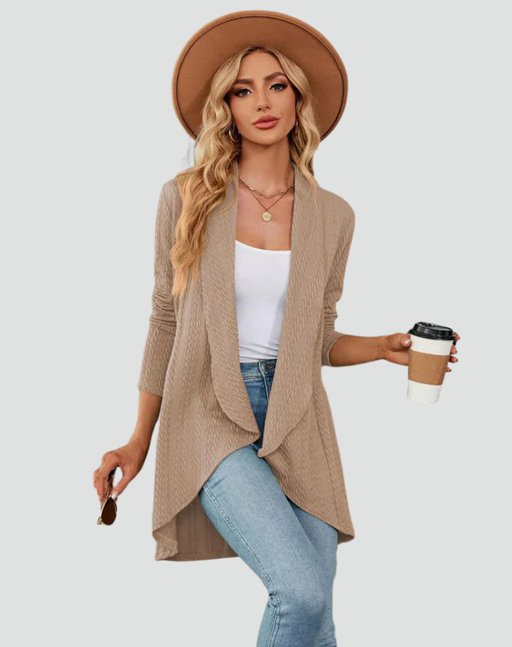 Women's Ribbed Knit Cardigan with Pleated Front – Casual Style – BN