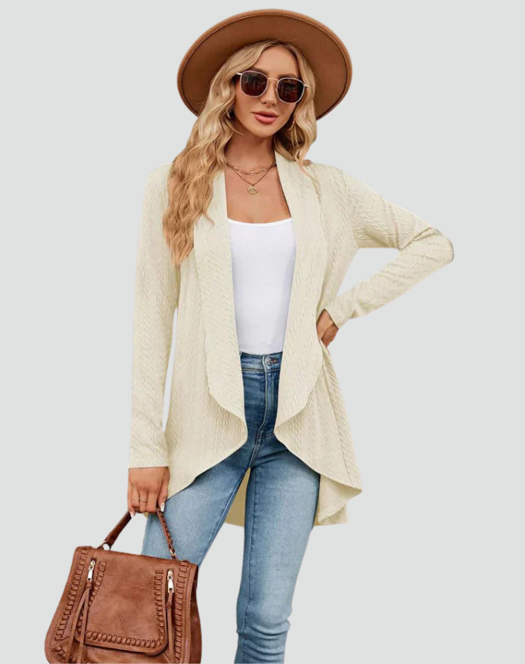 Women's Ribbed Knit Cardigan with Pleated Front – Casual Style – BN