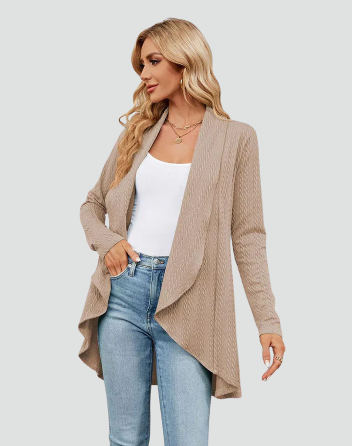 Women's Ribbed Knit Cardigan with Pleated Front – Casual Style – BN