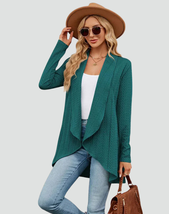 Women's Ribbed Knit Cardigan with Pleated Front – Casual Style – BN