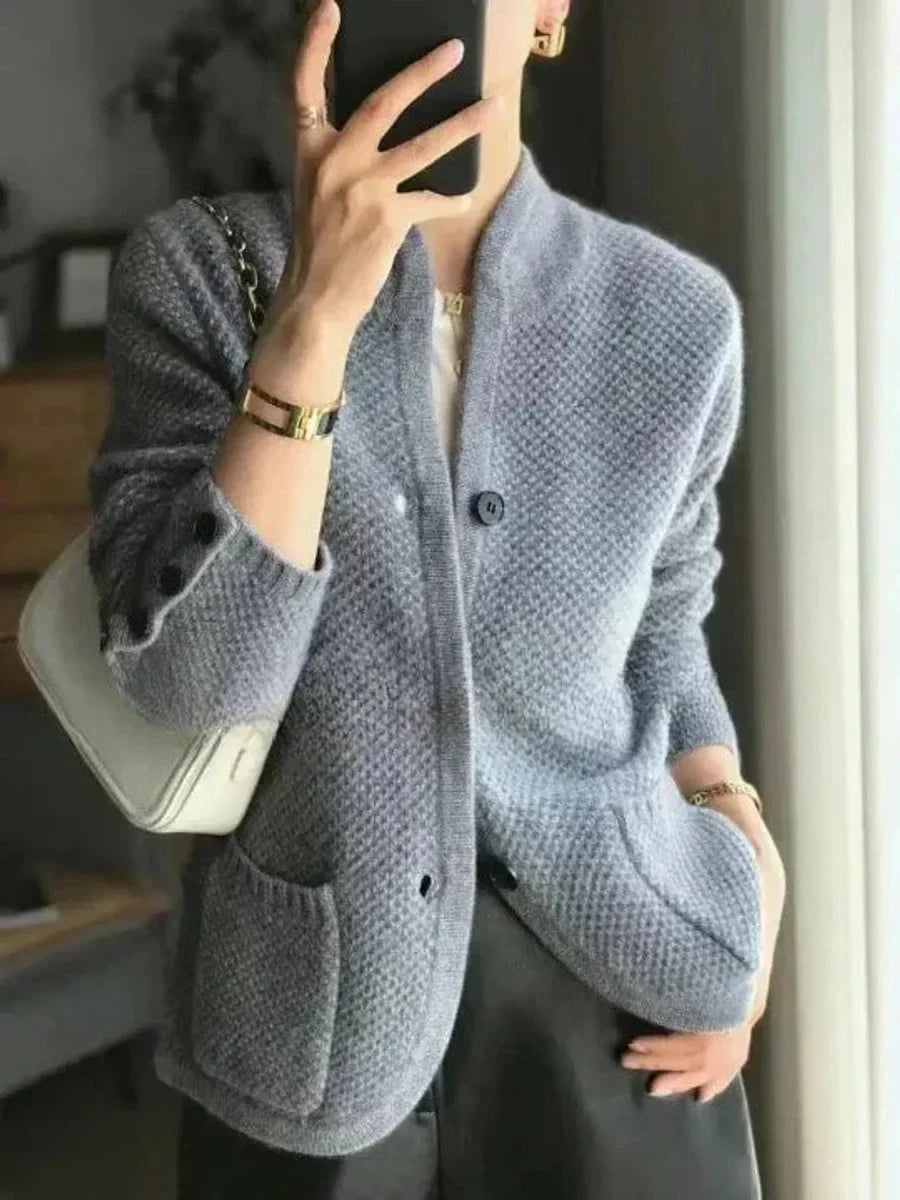 High Collar Buttoned Women's Cashmere-Wool Cardigan – Perfect for the Office – BN