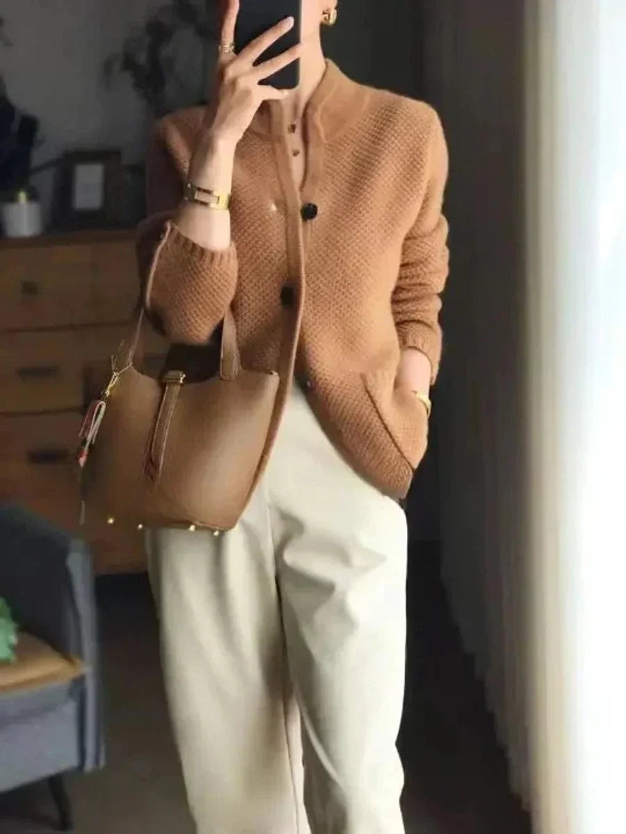 High Collar Buttoned Women's Cashmere-Wool Cardigan – Perfect for the Office – BN