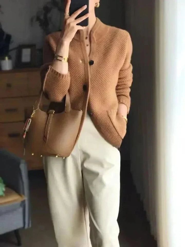 High Collar Buttoned Women's Cashmere-Wool Cardigan – Perfect for the Office – BN