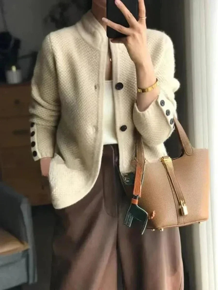 High Collar Buttoned Women's Cashmere-Wool Cardigan – Perfect for the Office – BN