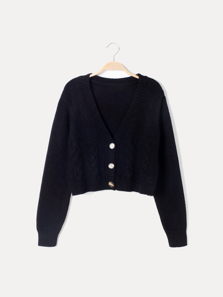 Casual V-Neck Button-Up Women's Short Cable Knit Cardigan – BN