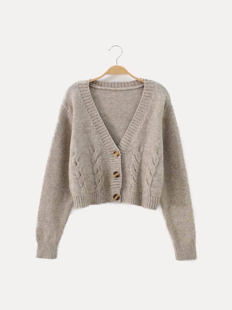 Casual V-Neck Button-Up Women's Short Cable Knit Cardigan – BN