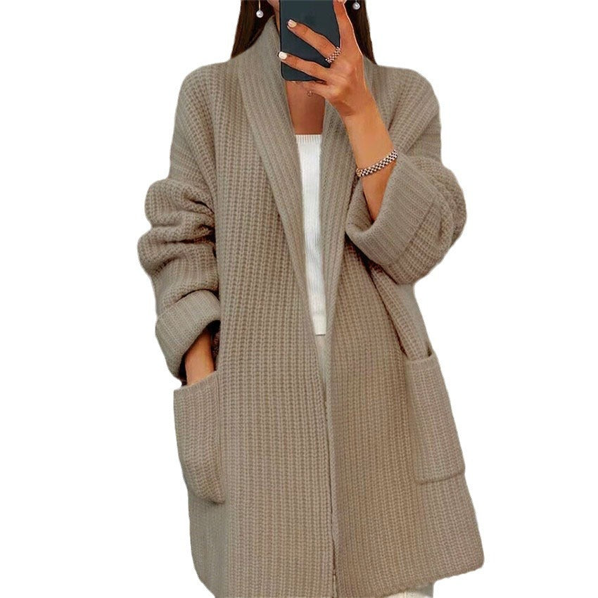 Women's Long Knit Cardigan with Lapel Collar and Pockets – Casual Style – BN