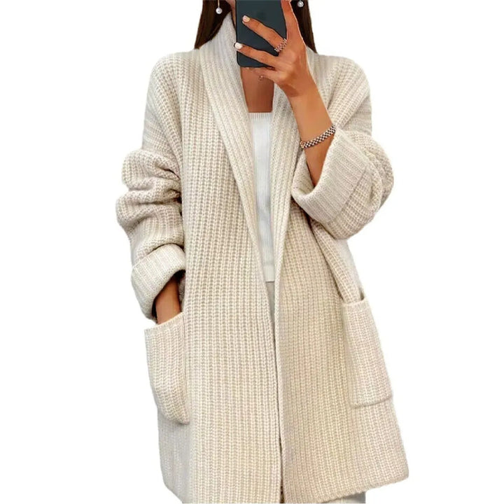 Women's Long Knit Cardigan with Lapel Collar and Pockets – Casual Style – BN