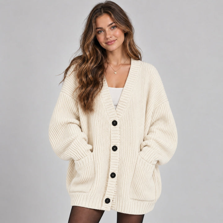 Women's Oversized Chunky Knit Cardigan with Buttons and Pockets – Casual Style – BN