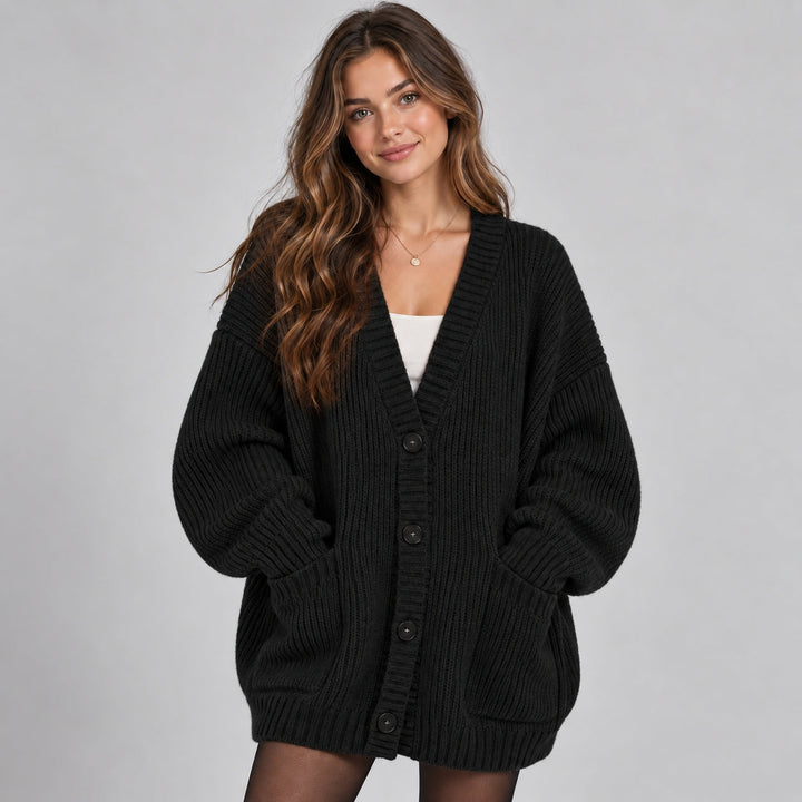 Women's Oversized Chunky Knit Cardigan with Buttons and Pockets – Casual Style – BN