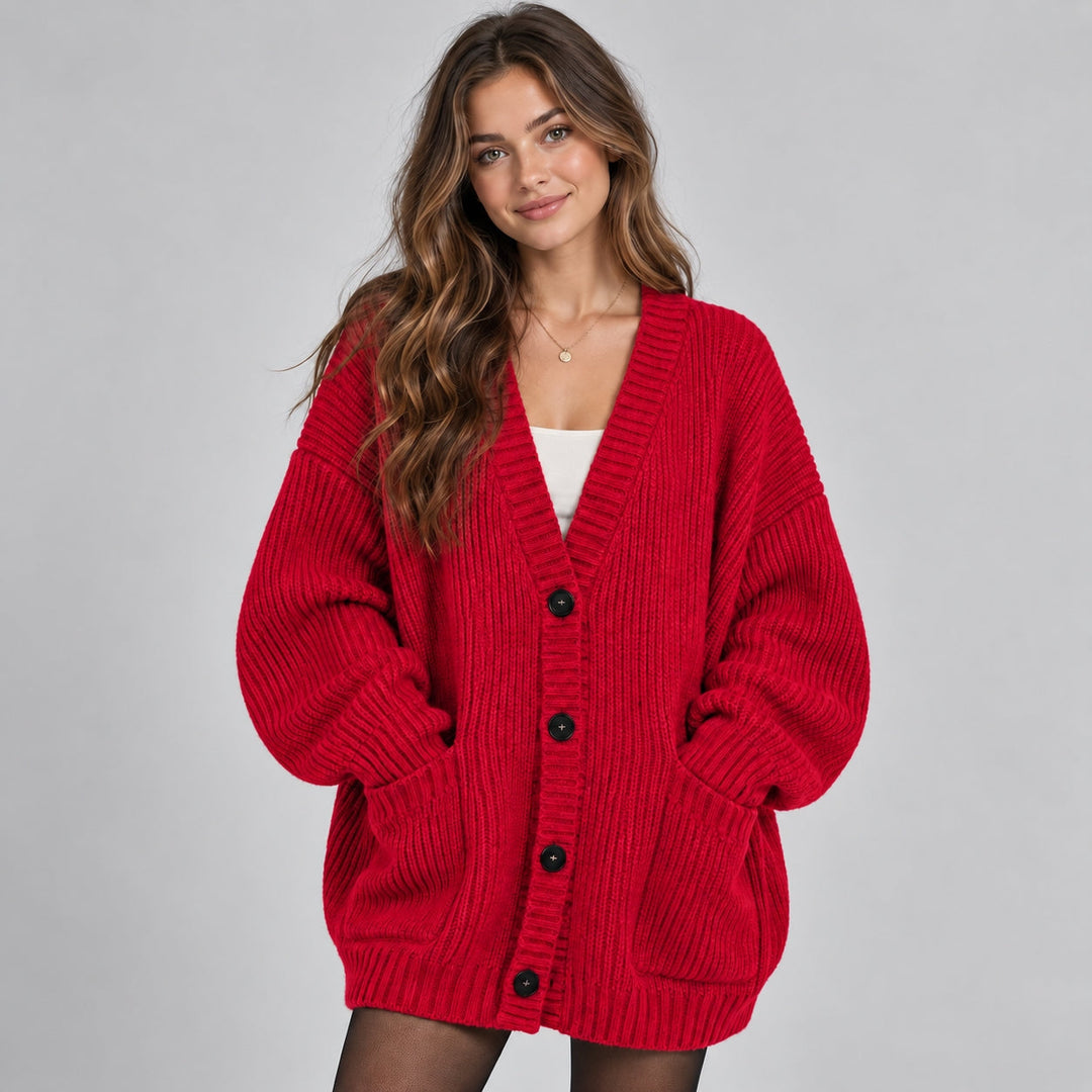 Women's Oversized Chunky Knit Cardigan with Buttons and Pockets – Casual Style – BN