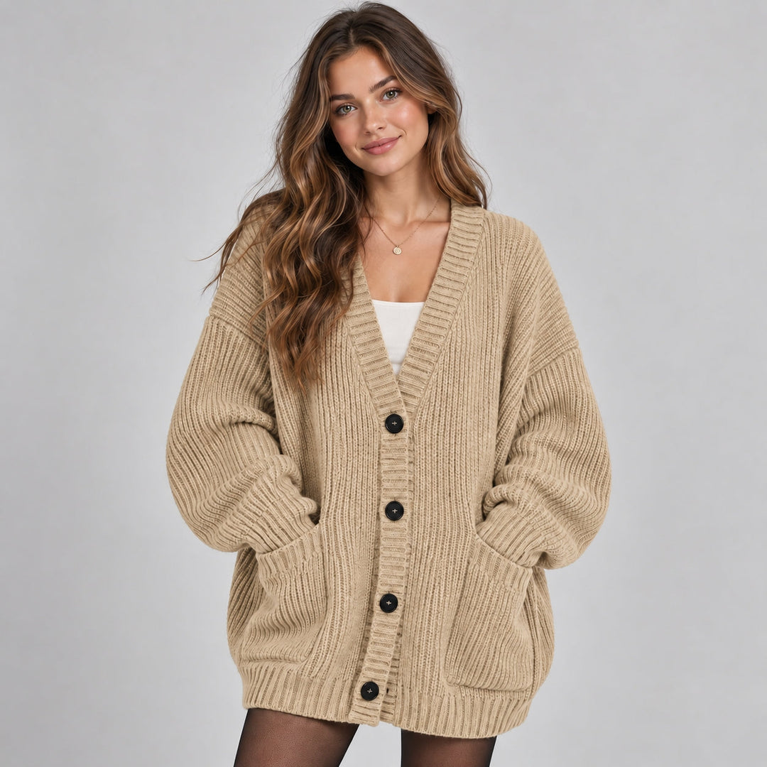 Women's Oversized Chunky Knit Cardigan with Buttons and Pockets – Casual Style – BN