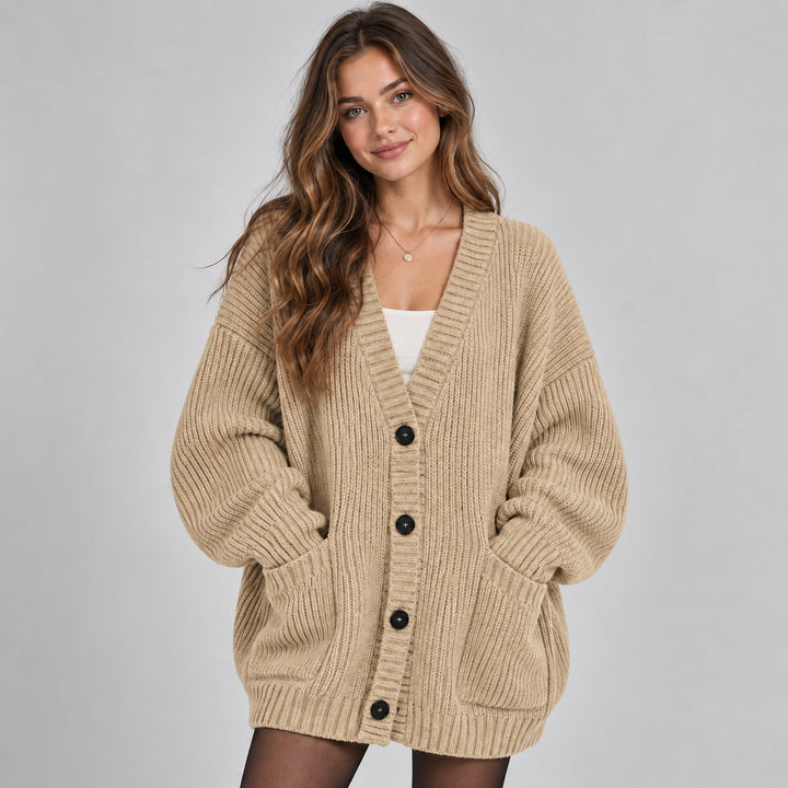 Women's Oversized Chunky Knit Cardigan with Buttons and Pockets – Casual Style – BN