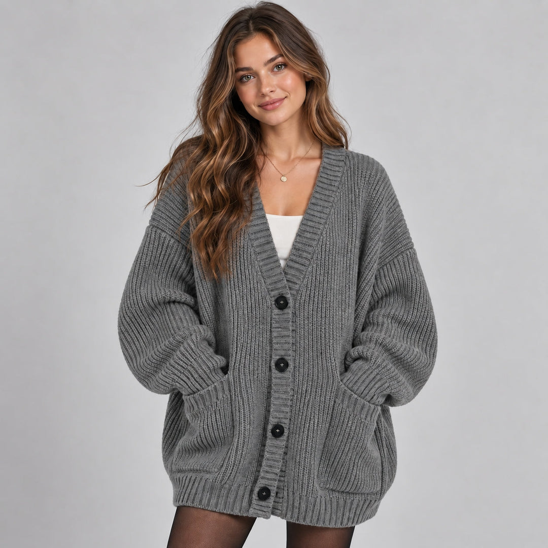 Women's Oversized Chunky Knit Cardigan with Buttons and Pockets – Casual Style – BN