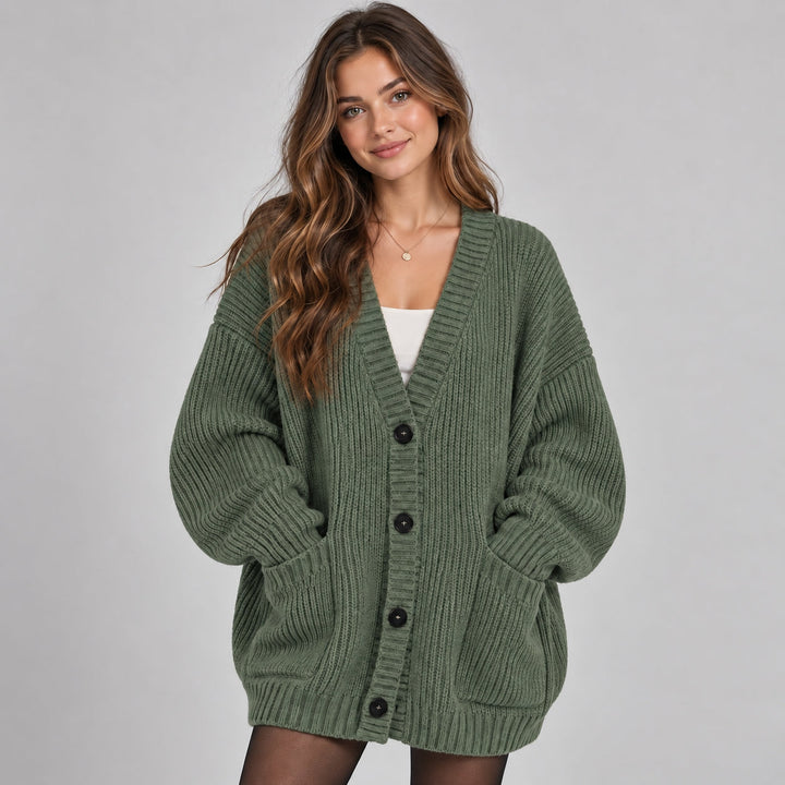 Women's Oversized Chunky Knit Cardigan with Buttons and Pockets – Casual Style – BN