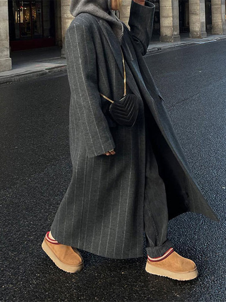 Darlene | Lapel-Detail Striped Long Jacket