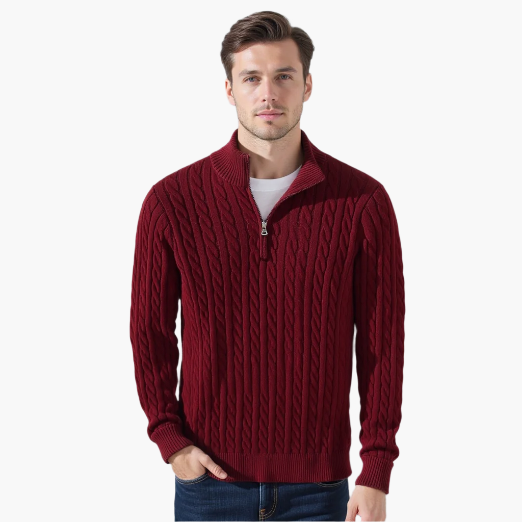 Men's Cable Knit Sweater Long Sleeve Collared Half-Zip Casual Layering