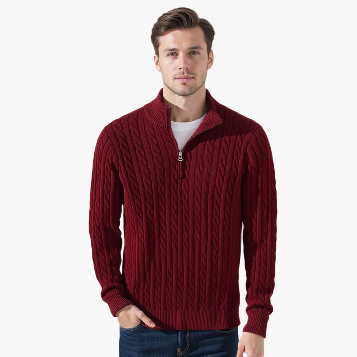 Men's Cable Knit Sweater Long Sleeve Collared Half-Zip Casual Layering