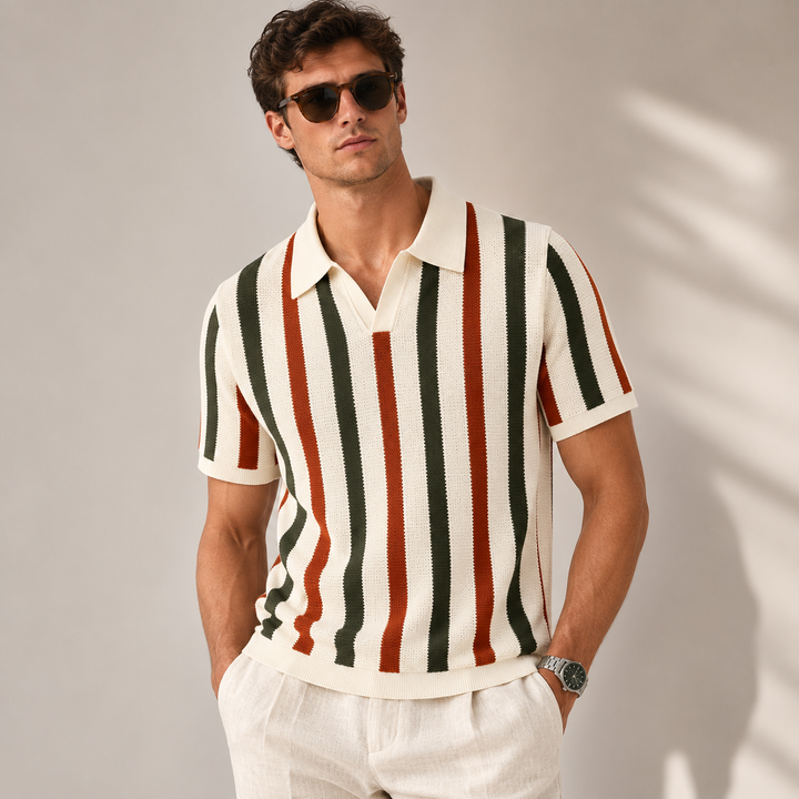 Multicolour Vertical Stripe Pointelle Knit Polo