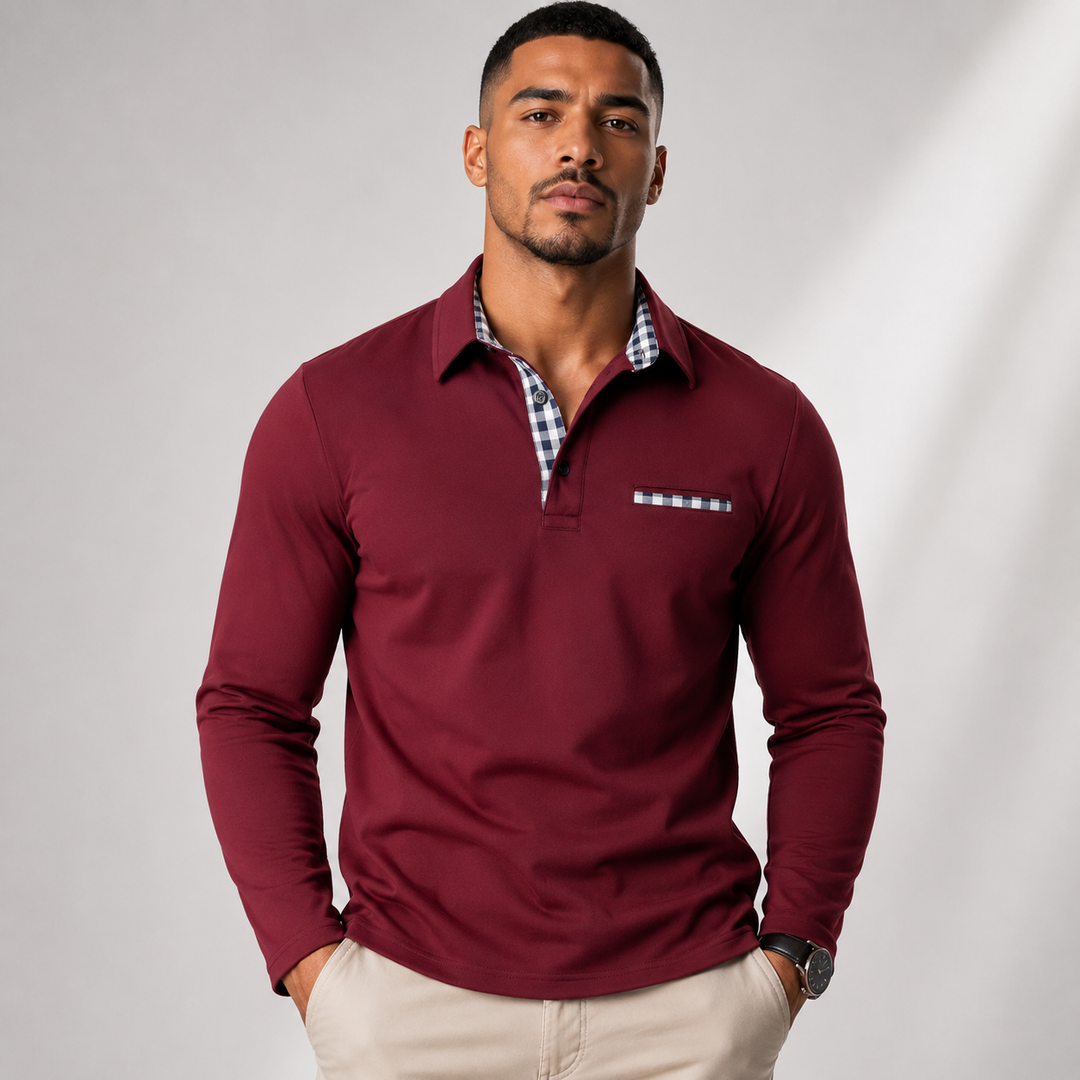 Men's Long Sleeve Polo with Check Collar