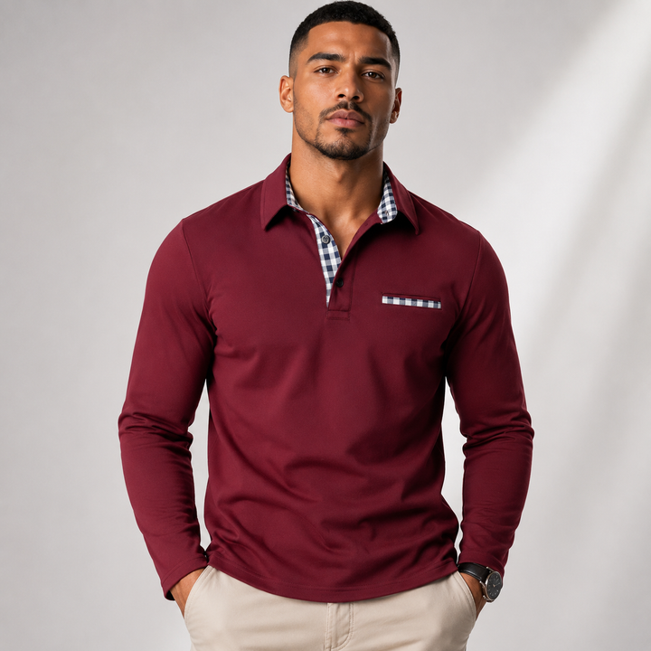 Men's Long Sleeve Polo with Check Collar