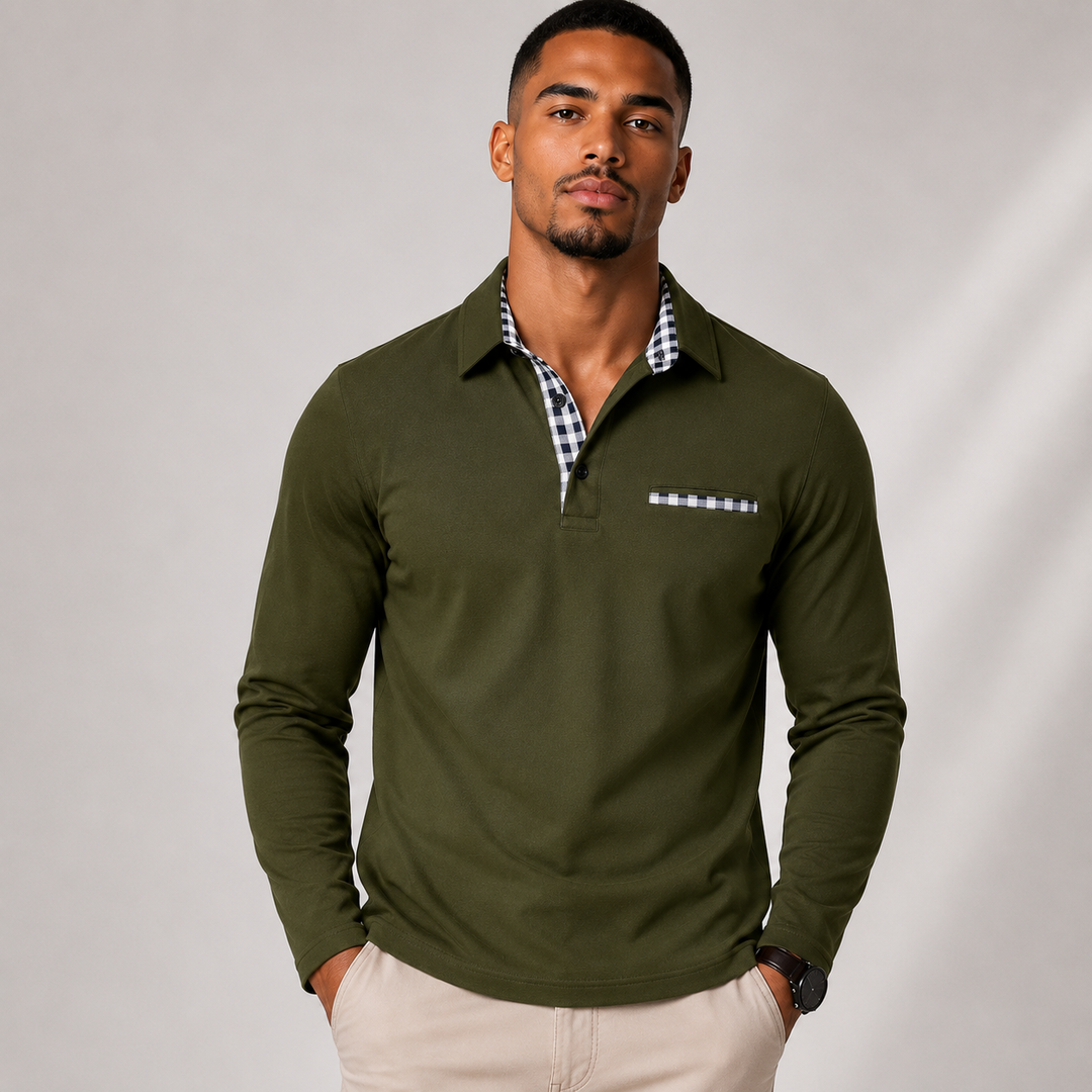 Men's Long Sleeve Polo with Check Collar