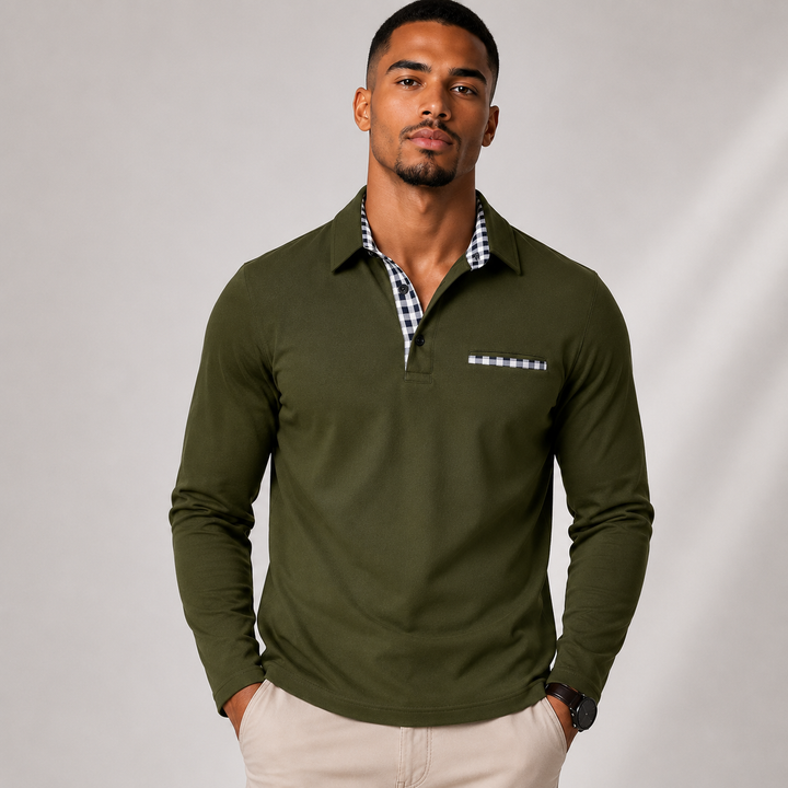Men's Long Sleeve Polo with Check Collar
