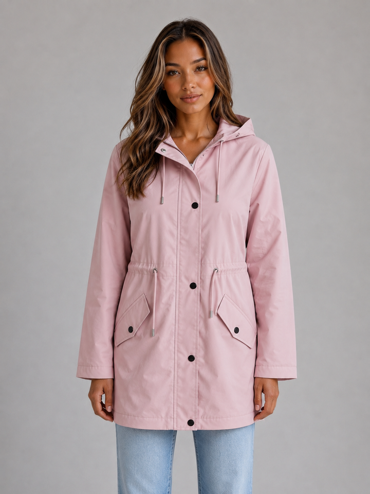 Women's Hooded Waterproof Parka Jacket – Drawstring Waist Raincoat