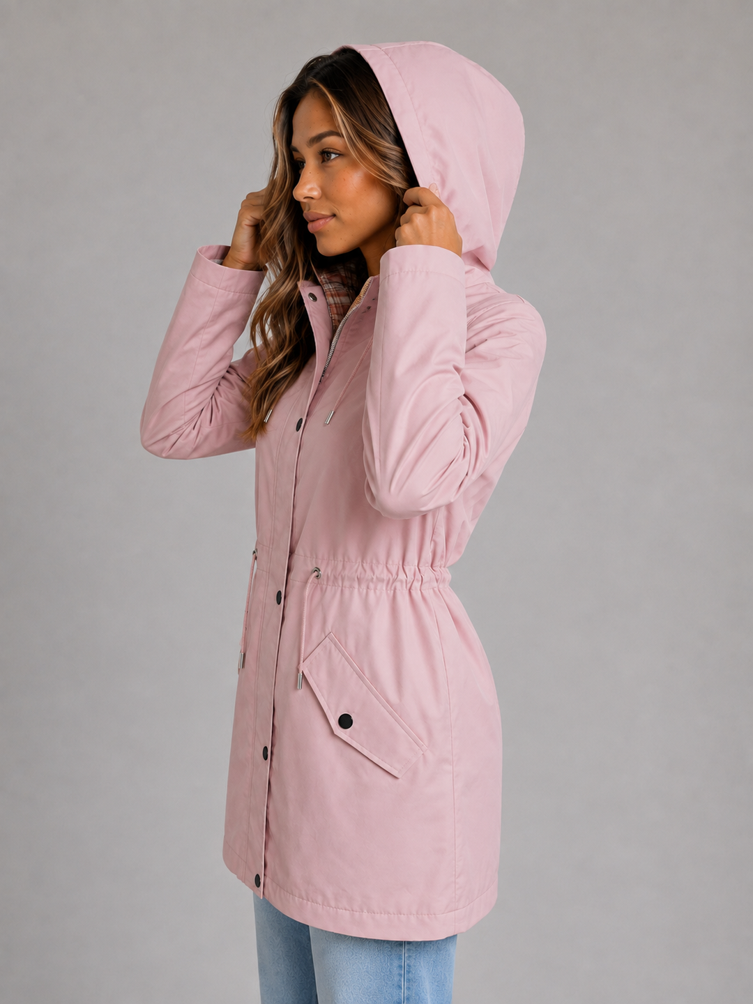 Women's Hooded Waterproof Parka Jacket – Drawstring Waist Raincoat