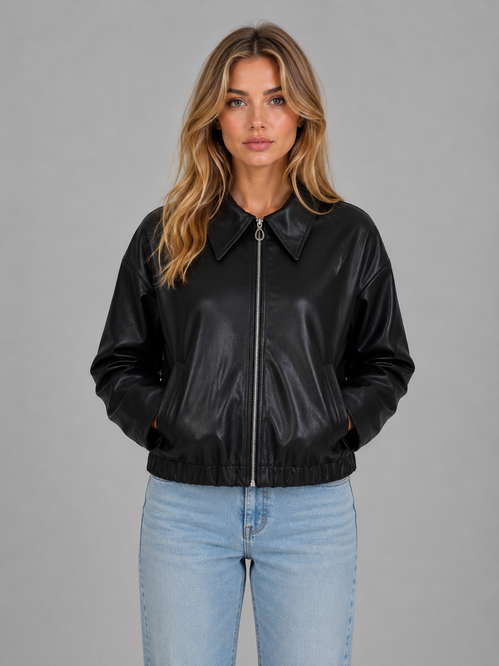 Women's Zip Leather Jacket with Pockets – Relaxed Cropped Fit