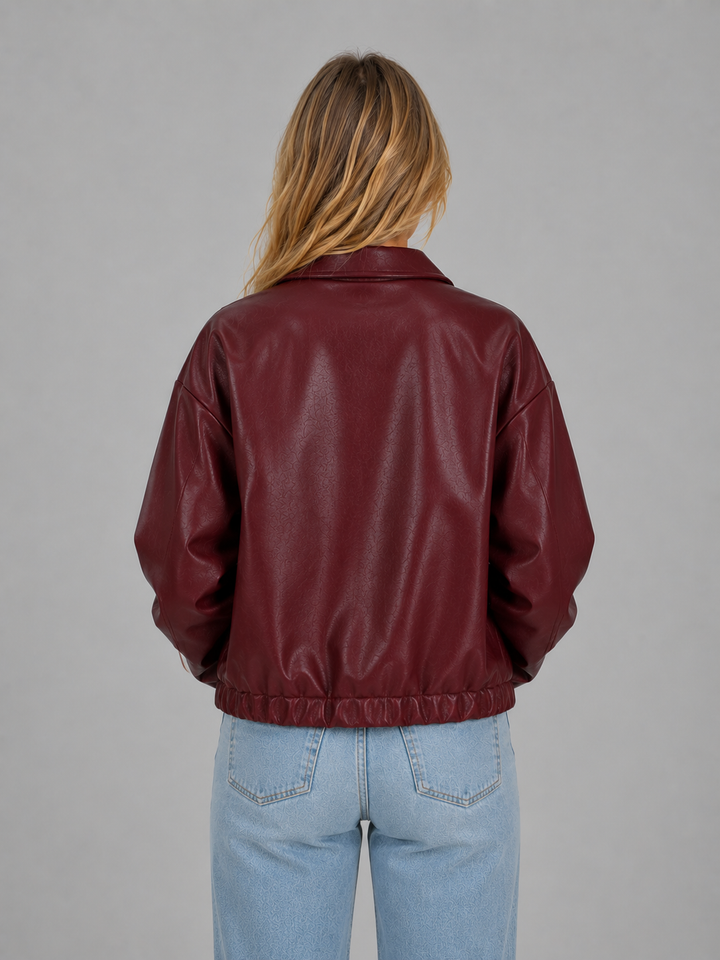 Women's Zip Leather Jacket with Pockets – Relaxed Cropped Fit