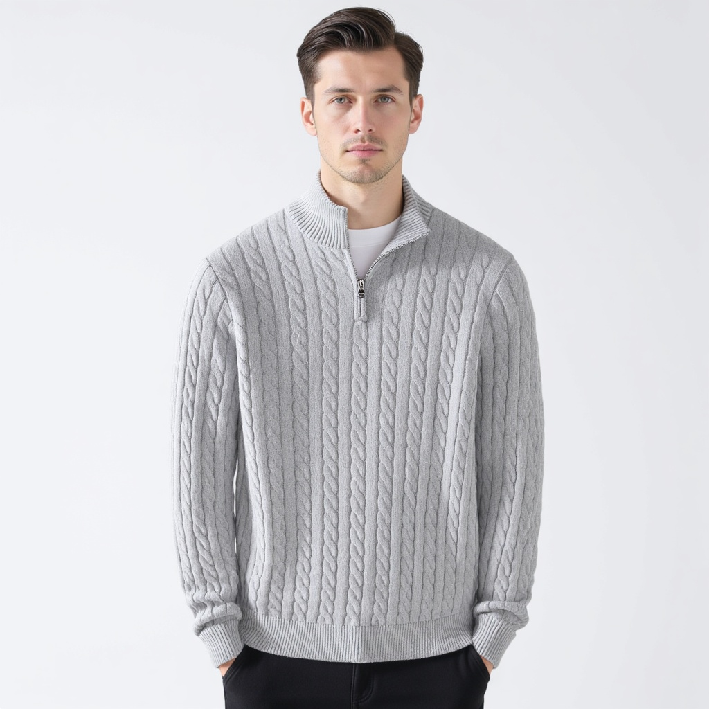 Men's Cable Knit Sweater Long Sleeve Collared Half-Zip Casual Layering