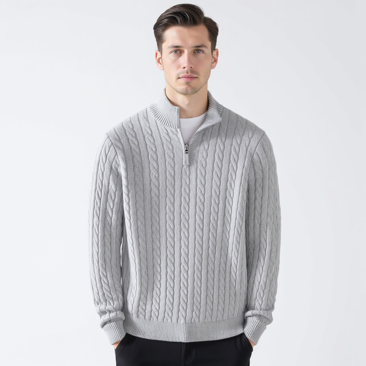 Men's Cable Knit Sweater Long Sleeve Collared Half-Zip Casual Layering