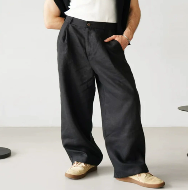 Men's Linen Trousers Relaxed Fit Full Length Drawstring Breathable Summer Holiday Casual Everyday Rex